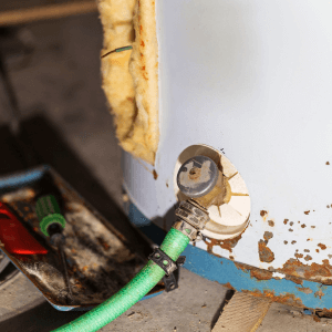 old rusted out and broken home water heater