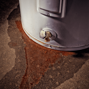 A domestic water heater leaking with signs of rust and iron in the water