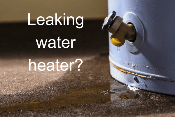 A close-up image of a leaking water heater with visible water pooling on the floor beneath it. The heater shows signs of rust, indicating potential damage. The text on the image reads 'Leaking water heater?