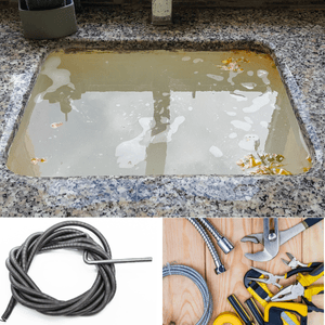 clogged kitchen sink, drain snake, and plumbing tools